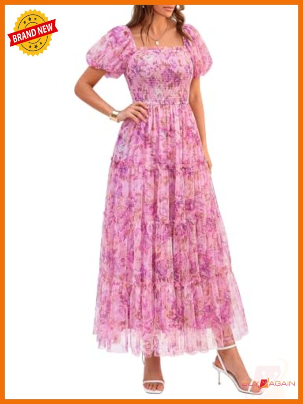 Smocked Midi Tulle Dress Square Neck Puff Sleeve Fit Flare Formal